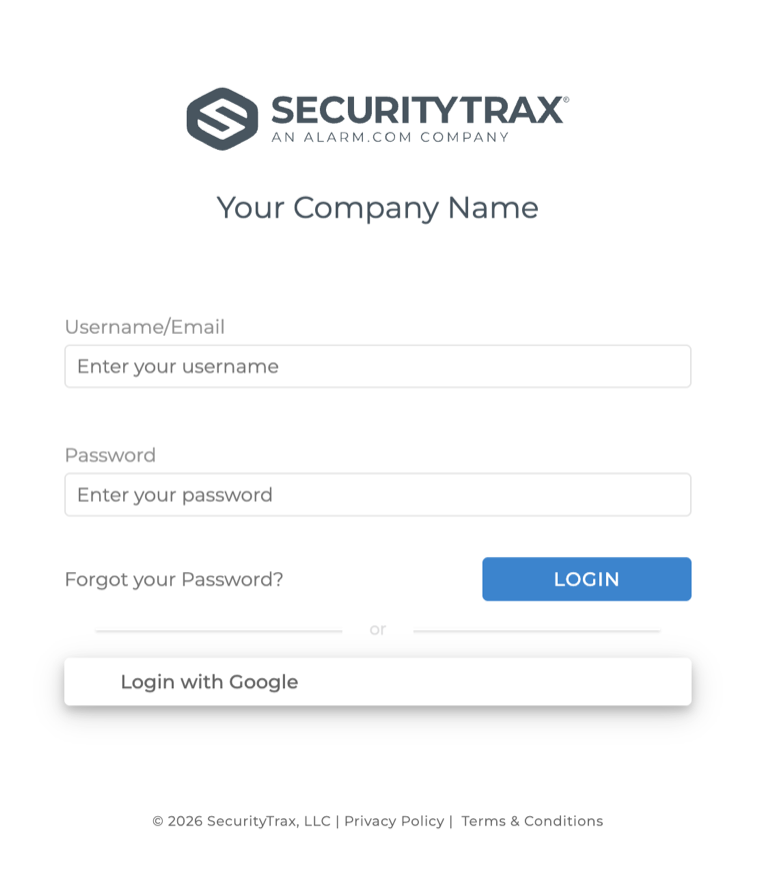 The V3 login screen — a centered SecurityTrax logo above Username/Email and Password fields, a blue LOGIN button, and a Login with Google option